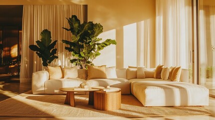 Cozy living room corner with a large fiddle leaf fig, modern furniture, and warm natural lighting.