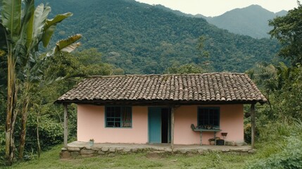 Fototapeta premium Tranquil Pink House nestled in Lush Green Mountains