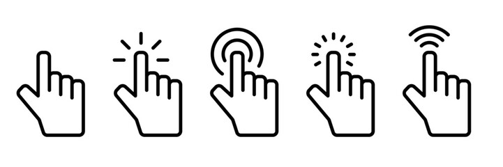 Fototapeta premium Pointer cursor сomputer mouse icon. Clicking cursor, pointing hand, clicks icons. Click cursor symbol. Touch screen label for product packaging design. Vector Illustration.
