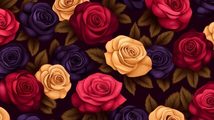 Obraz premium Rich Hues Floral Rose Pattern - Elegant pattern, rich colors, blooming roses, romantic, luxurious floral design. Symbolizing love, beauty, passion, elegance, and luxury.