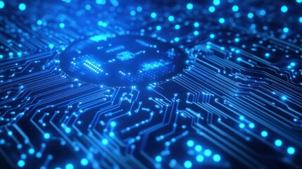 Glowing blue circuit board detail; digital tech, data network in background for tech, science use