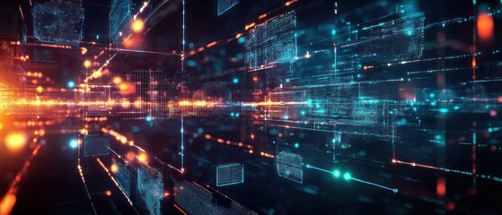 Fototapeta premium Abstract digital landscape with glowing data streams and grids