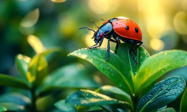 Vibrant ladybug perched on a dewy green leaf in a sunlit garden, showcasing nature's beauty