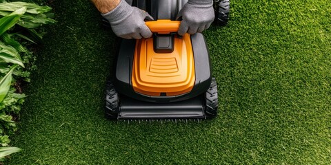 Mowing a lush green lawn with an orange lawn mower residential garden photography outdoor close-up landscape maintenance