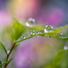 water drops on a green leaf