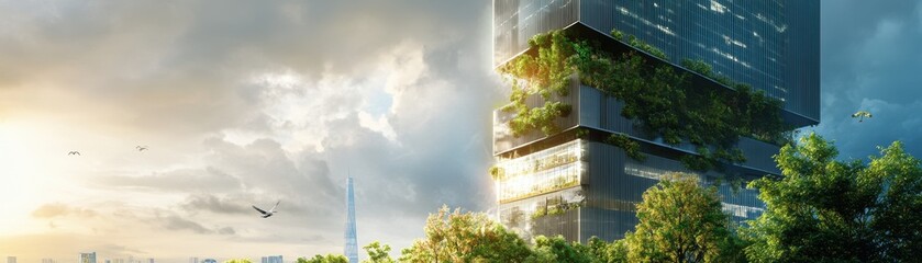 Innovative green skyscraper with vertical gardens and solar panels, showcasing sustainable urban architecture.