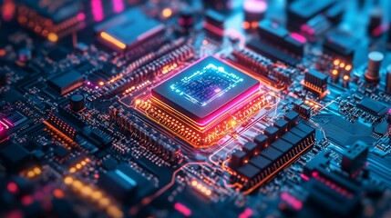 Obraz premium Close-up view of a vibrant microchip on a circuit board, showcasing intricate details and glowing elements