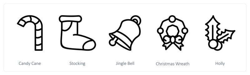 Obraz premium A set of 5 christmas icons as candy cane, stocking, jingle bell