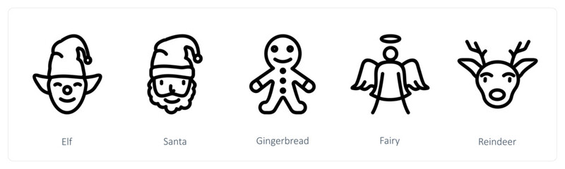 A set of 5 christmas icons as elf, santa, gingerbread