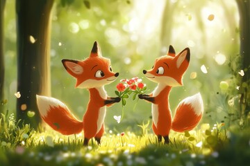 Two Foxes Sharing Flowers in Forest Glade - Friendship, love, nature, springtime, gentleness. Two adorable foxes exchange flowers in a sunlit forest clearing