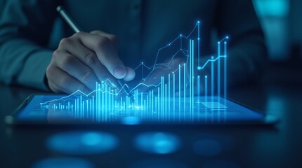  a close-up of a hand holding a pen, interacting with a digital interface displaying a glowing blue graph. 