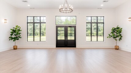 Obraz premium Spacious Modern Room with Large Windows and Black Doors