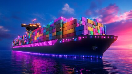 Fototapeta premium Neon Lights Cargo Ship at Sunset - Futuristic container vessel, vibrant colors, global trade, technological advancement, nighttime voyage.