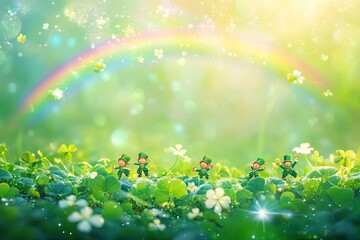 Obraz premium A whimsical background of tiny leprechauns dancing on a clover meadow under a sparkling rainbow