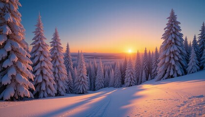 Landscape photo of sunrise, its light shining through the ice-covered pine forest.