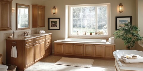 Fototapeta premium Elegant Modern Bathroom With Wooden Cabinets And Tub