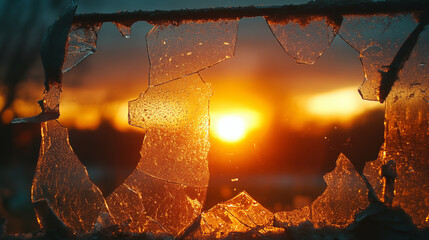 Broken glass window frame silhouetted against golden sunset creating atmospheric mood with light reflection and texture
