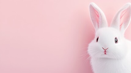Obraz premium Pink Pastel Bunny: An adorable white bunny rabbit peeks from the side against a soft pink background, perfect for Easter, spring, or any project needing a touch of cuteness. 