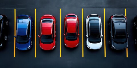 Aerial view of parked cars in a parking lot urban setting top-down perspective organized layout