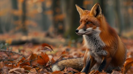 A close-up shot of a red fox in a forest clearing, with its fur gleaming in the soft sunlight as it gazes intently, surrounded by autumn leaves on the ground.