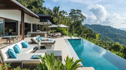 Fototapeta premium Luxurious villa outdoor lounge with tropical plants, modern furniture, and a relaxing vibe.