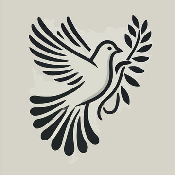 A stylized line drawing of a dove in flight, carrying an olive branch.