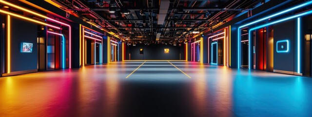 Obraz premium A vibrant rendering of an esports arena backstage area