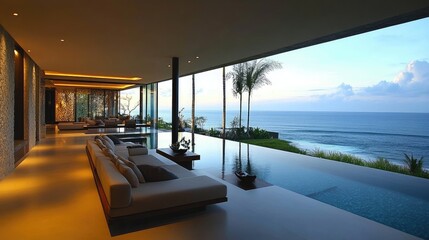 Fototapeta premium Minimalist and elegant modern villa living room with stylish seating and warm neutral colors.