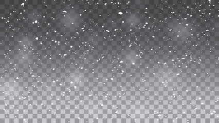 White snow overlay on a clear, transparent dark background. Vector frosty particles illustration stock illustration