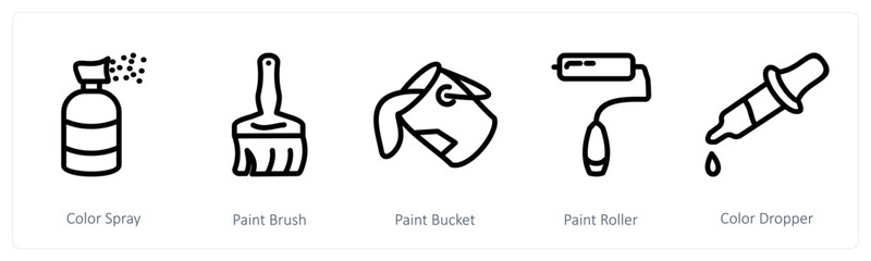 A set of 5 design icons as color spray, paint brush, paint bucket