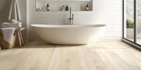 Modern Bathroom Featuring Freestanding Tub and Light Wood Floor