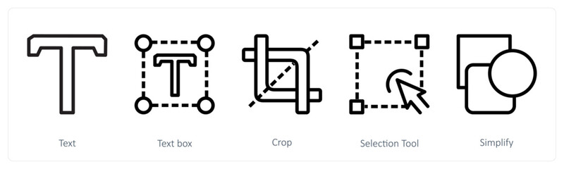 A set of 5 design icons as text, text box, crop