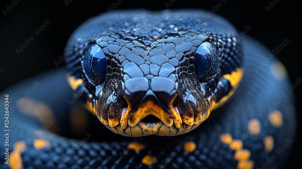 Poster a captivating close-up: the intriguing gaze of a black and gold speckle python, unveiling nature's m