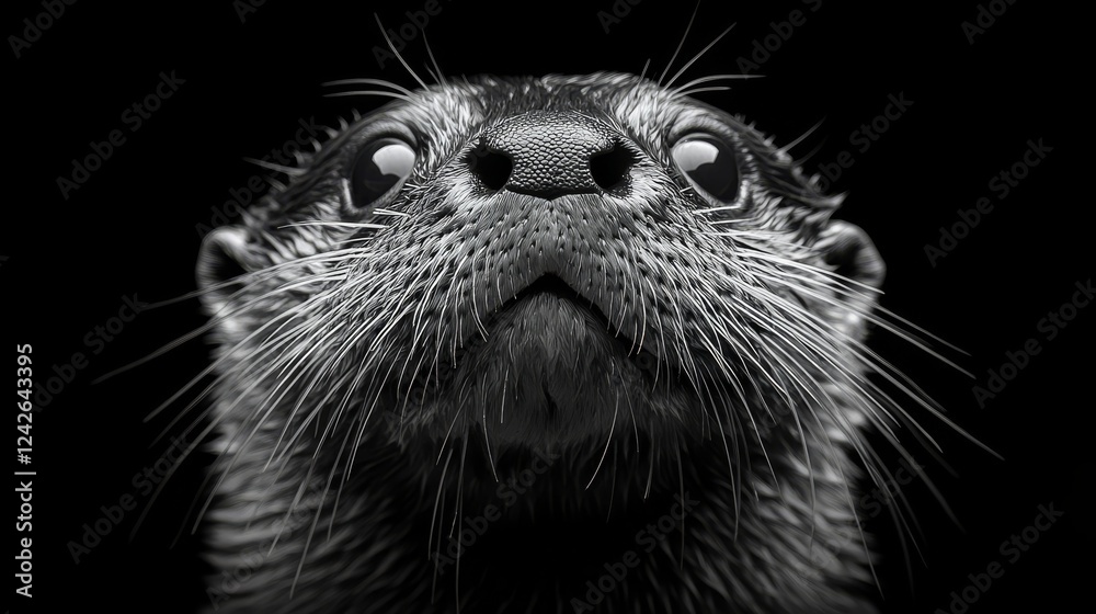 Poster a close-up monochrome portrait of a curious otter, its whiskers and eyes captivating against a stark