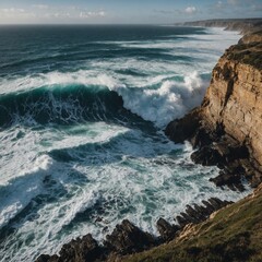 "Dramatic Coastal Cliff with Powerful Waves Crashing Below" 🌊🌿