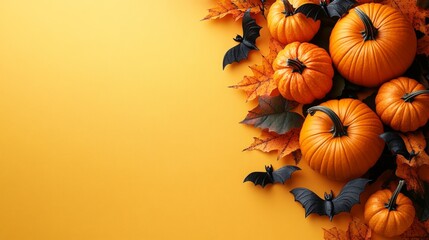 A Festive Halloween Autumn Arrangement: Pumpkins, Bats, and Fall Leaves on a Vibrant Yellow Background