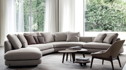 Obraz premium Minimalist modern living room with clean lines, neutral tones, and a functional yet stylish design.
