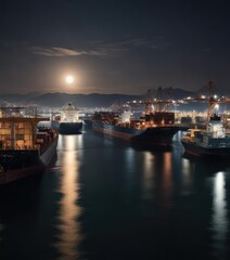 Naklejka premium Dark water of Algeciras seaport at night with full moon reflected on cargo ships, shipyard, harbour, full moon