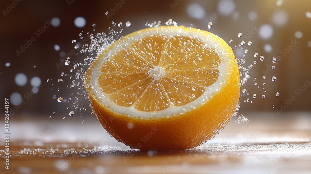 Poster a splashing citrus symphony: half a lemon in motion, capturing the essence of freshness and vitality