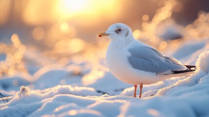 Obraz premium A Serene Sunset: A European Herring Gull in Winter Wonderland