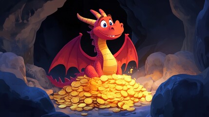 Friendly Dragon's Treasure: A cheerful, cartoon-style red dragon sits contentedly amidst a glittering pile of gold coins within a dark cave, exuding charm and a sense of playful wealth. 