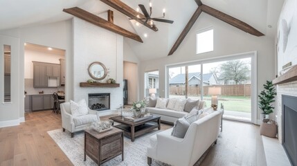 Fototapeta premium Modern luxury living room with an open floor plan, soft neutral furniture, and a designer ambiance.