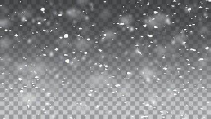 Christmas snowflakes on a transparent background. Snow flakes, snow background. Heavy snowfall, snowflakes in different shapes and forms.