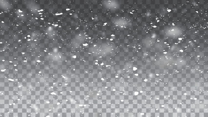 Christmas snowflakes on a transparent background. Snow flakes, snow background. Heavy snowfall, snowflakes in different shapes and forms.