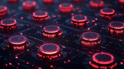 Red digital dials illuminate futuristic server, data processing