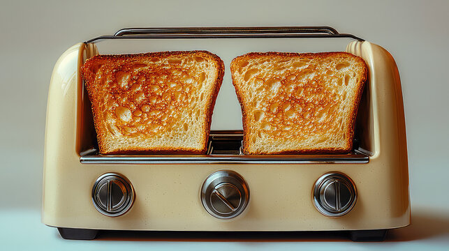 Two slices of golden-brown toasted bread in a vintage-style toaster.