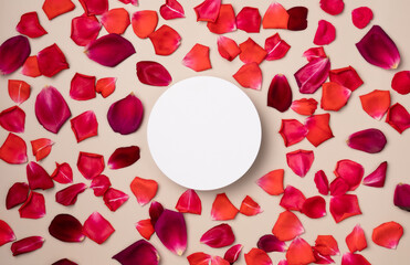 White round podium, pedestal, presentation empty mockup with rose petals on beige background. Flat lay, top view