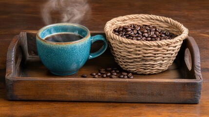 Rustic wooden tray with a steaming cup of coffee, a woven basket, and aromatic coffee beans.