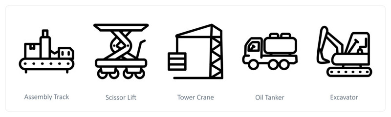 A set of 5 industry icons as assembly track, scissor lift, tower crane