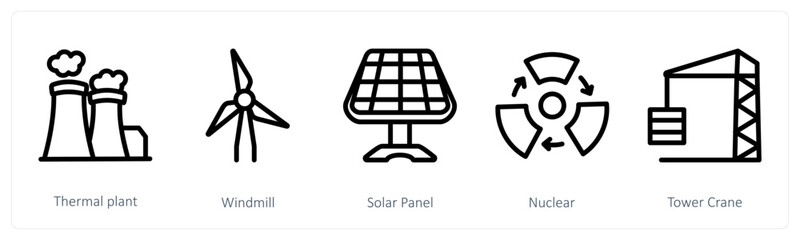 A set of 5 industry icons as thermal plant, windmill, solar panel